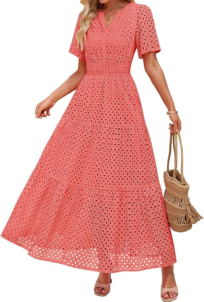 ZESICA Women's 2026 Summer Short Sleeve Maxi Dress Casual V Neck Hollow Out Eyelet Ruffle Swing A... | Amazon (US)