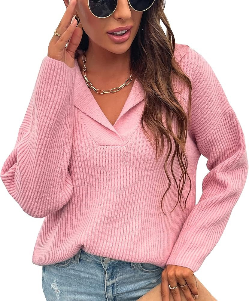 ECOWISH Womens Knit Sweaters V Neck Pullover Long Sleeve Plain Sweater | Amazon (US)