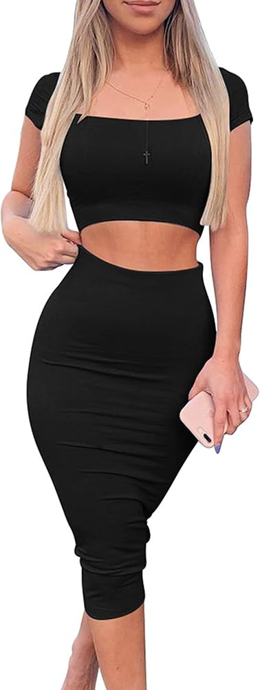Kaximil Women's Sexy Bodycon Midi Club Dresses Basic Casual 2 Piece Outfits Crop Top Skirt Set | Amazon (US)