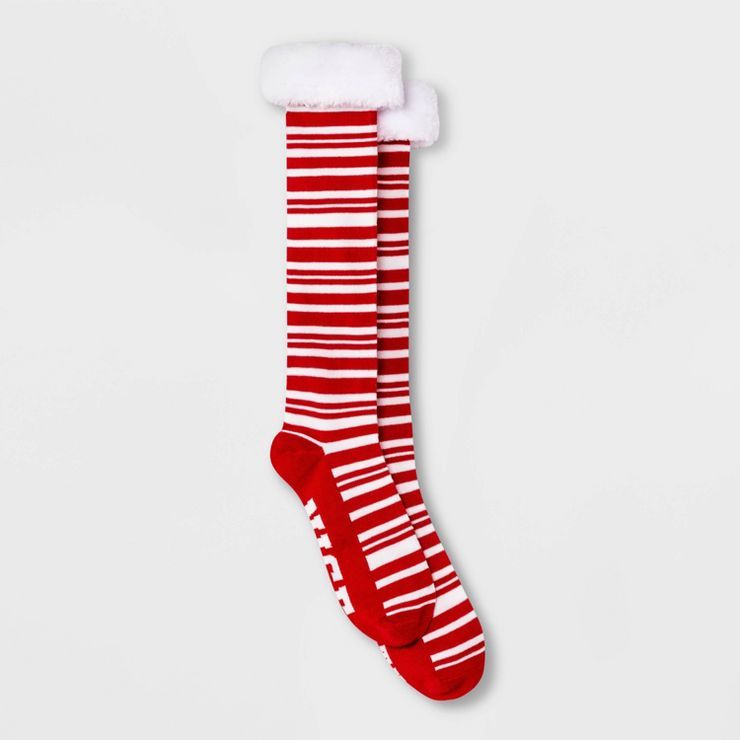 Women's 'Naughty' or 'Nice' Striped Holiday Knee High Socks with Faux Fur Cuff - Wondershop™ Re... | Target