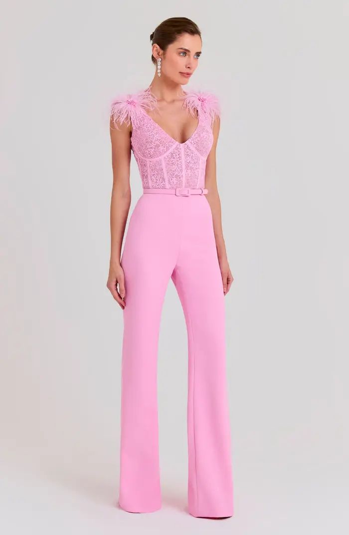 NADINE MERABI Ostrich Feather Lace Bodice Belted Jumpsuit | Nordstrom | Nordstrom