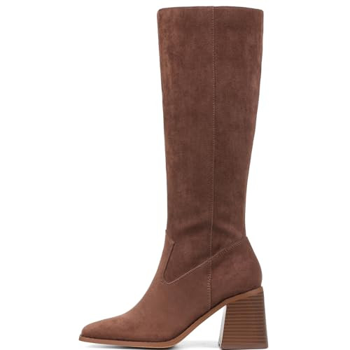 VOMIRA Knee High Boots Women Square Toe Chunky Heels Side Zipper Wide Calf Boots Fall Winter Brown Suede Boots Women | Amazon (US)