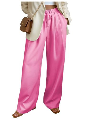 Hoawsyu Womens Linen Pants Petite Wide Leg Pants for Women Hot Pink Linen Pants Women with Pocket Casual Drawstring Trousers Size Medium | Amazon (US)