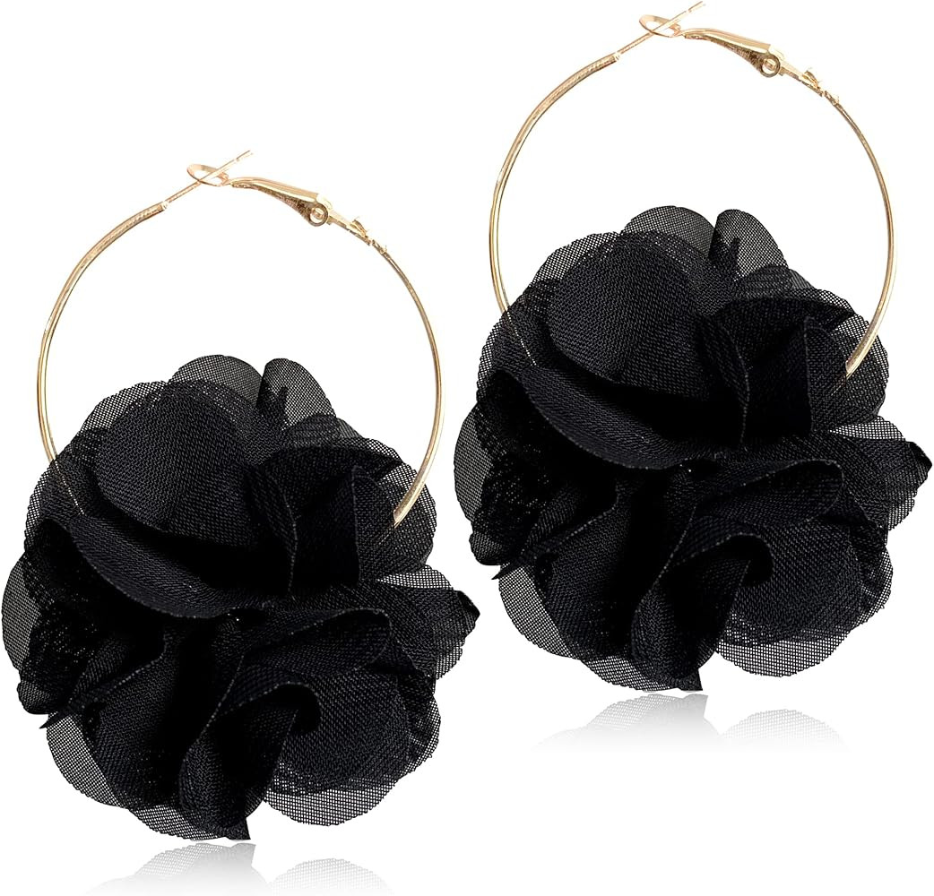 Lightweight Bohemian Big Fabric Flowers Dangle Drop Earrings Handmade Aesthetic Petal Hoop Earrin... | Amazon (US)