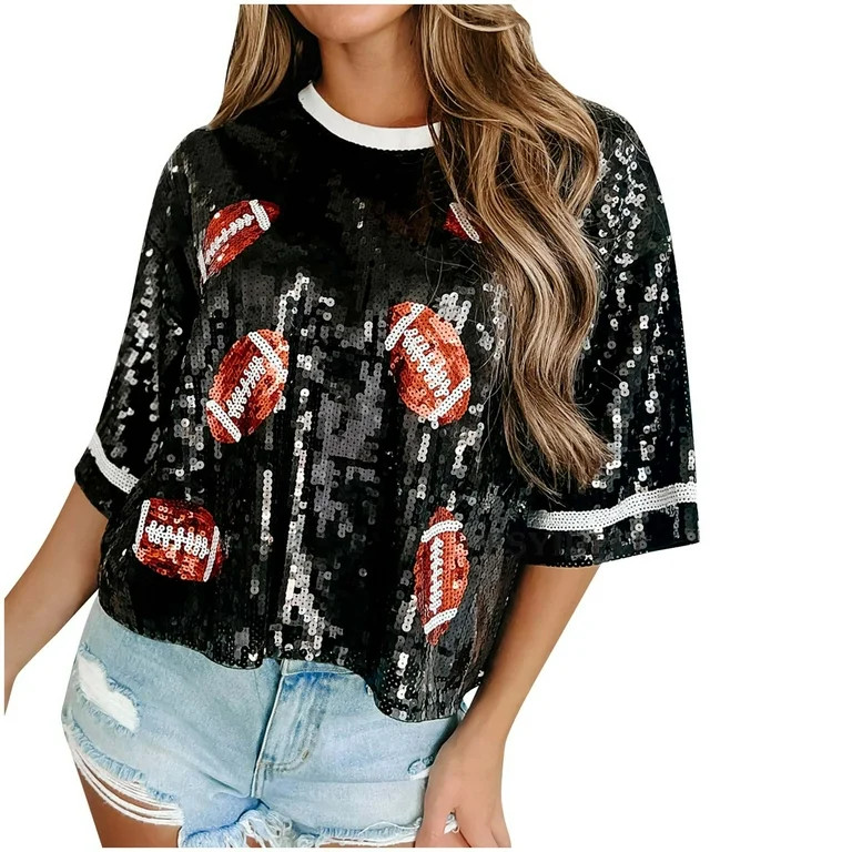 Sequin Tops for Women Party Night Fashion Crew Neck Graphic Print Casual Loose Short Sleeve T Shi... | Walmart (US)