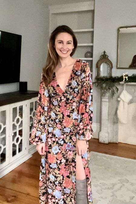 Holiday dress, holiday outfit, winter dress, nye style, outfit inspo, winter florals, otk boots, under $100, wedding guest dress 

#LTKFind #LTKwedding #LTKHoliday
