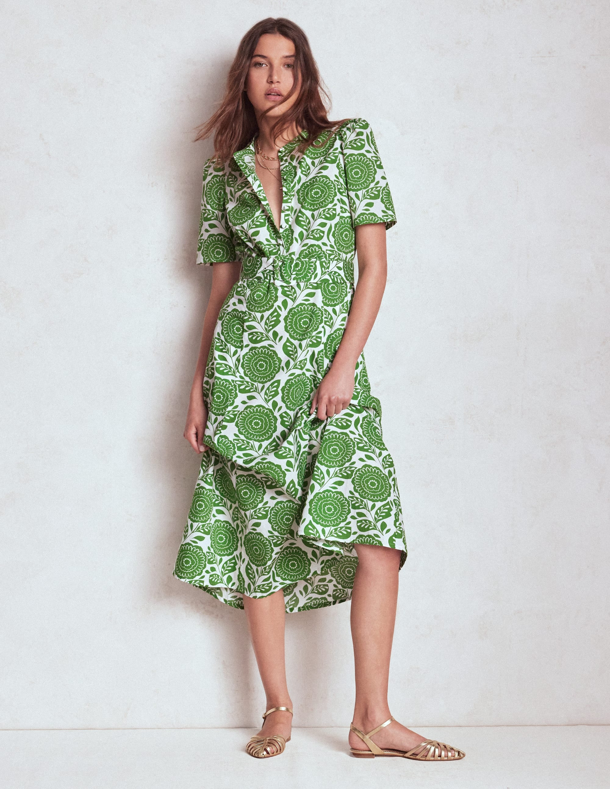 Kate Puff Sleeve Belted Dress-Paradise Green, Dahlia Stamp | Boden (US)