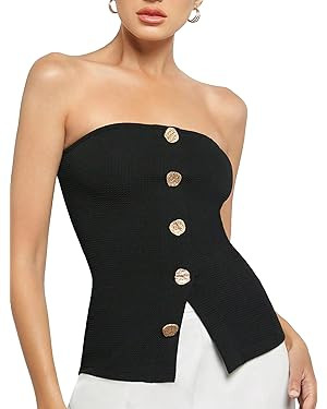 OYOANGLE Women's Button Front Slit Hem Tube Top Strapless Textured Slim Fit Tops | Amazon (US)