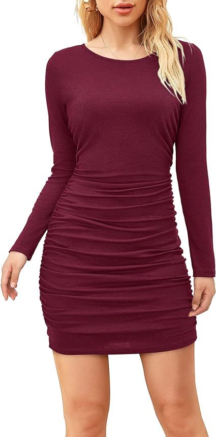STYLEWORD Women’s Sexy Club Back Hollow Out Long Sleevel Ruched Party Bodycon Mini Dress | Amazon (US)