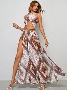 SHEIN VCAY Scarf Print Crisscross Crop Halter Top & M-slit Thigh Skirt Set | SHEIN