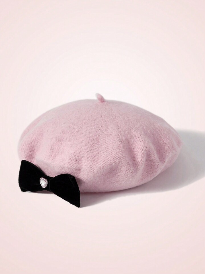 SHEIN MOD Fashionable Women's Beret With Rhinestone Detailing And Bow Decoration | SHEIN