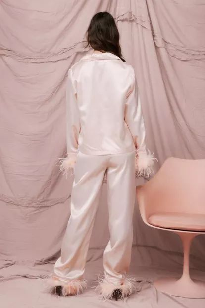 Satin Feather Pajama Shirt and Pants Set | Nasty Gal (US)