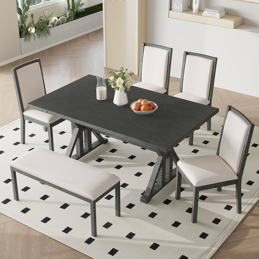 6 PCS Farmhouse Dining Table Set with Trestle Legs, Upholstered Chairs, and Bench | Bed Bath & Beyond