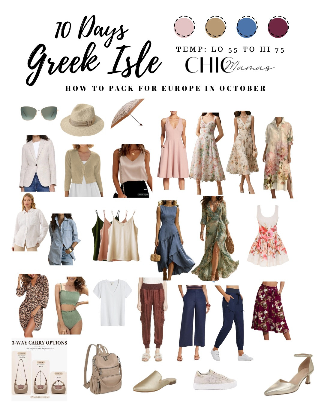 10 days in Europe, with outfits planned from the flight to our anniversary dinner. ✨

Here’s what I’m packing for October in Rome and our Greek Isles cruise: floral midi dresses, wide-leg trousers, soft joggers, camisoles, and light layers I can mix and wear again.

At 5 feet tall, I’m building my petite travel wardrobe around easy pairings. My daytime outfits are styled with modesty in mind for visiting churches and museums, with longer hemlines and layers to cover my shoulders when needed.

A linen blazer, cropped cardigan, and button-down shirts give me options for sightseeing, breezy port days, and evenings onboard.

Swipe through for my Rome outfits, Santorini and Mykonos looks, cruise dinner dresses, and comfortable airport outfit. The final slide shows my Sudoku packing method for mixing tops, bottoms, and layers.

Planning your own fall Europe trip? Save this packing guide and tap the linked pieces below to shop your favorite outfits. Start with a dress you love, add a versatile layer, and make the look your own. Follow ChicMamas for more petite style and travel outfit ideas.

#LTKOver40 #LTKTravel #LTKPetite