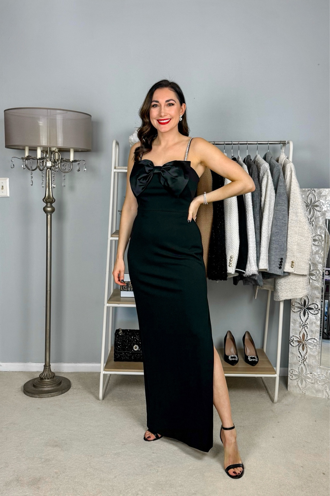 Wedding guest dress🖤

Black dress with bow & rhinestone strap details size 6, sized up (brand fits small)

Special occasion 
Black tie 
NYE dress 
Fall wedding 
Winter wedding 


#LTKHoliday #LTKParties #LTKWedding