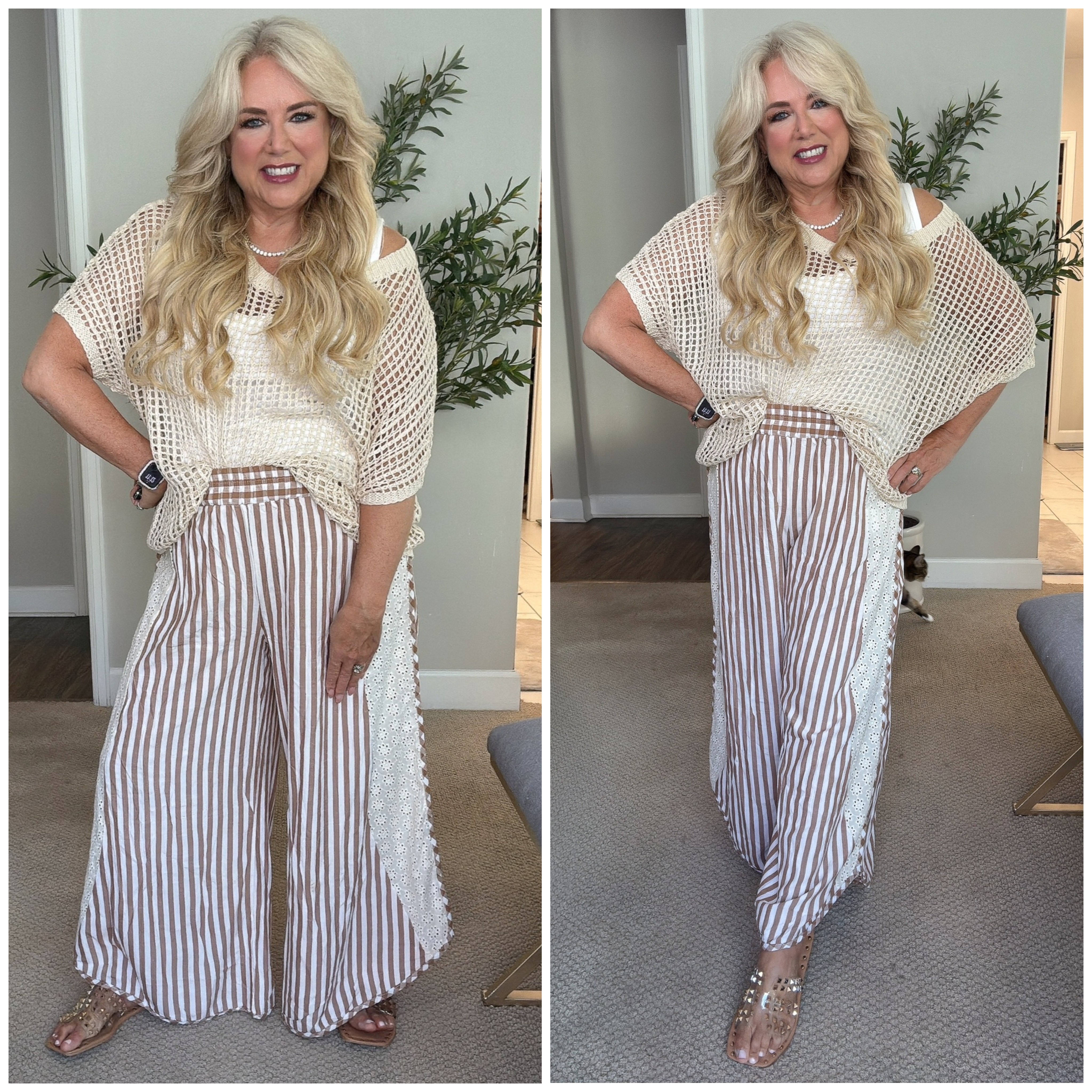 💛 Obsessed with these flowy striped pants (M)— the lace detail down the side is everything! 😍 Paired with this crochet top (L) that’s comfy, strong, and can be worn off the shoulder, plus my favorite flats for the perfect finishing touch. Effortles 

 #LTKOver40 #LTKFindsUnder50 #LTKShoeCrush