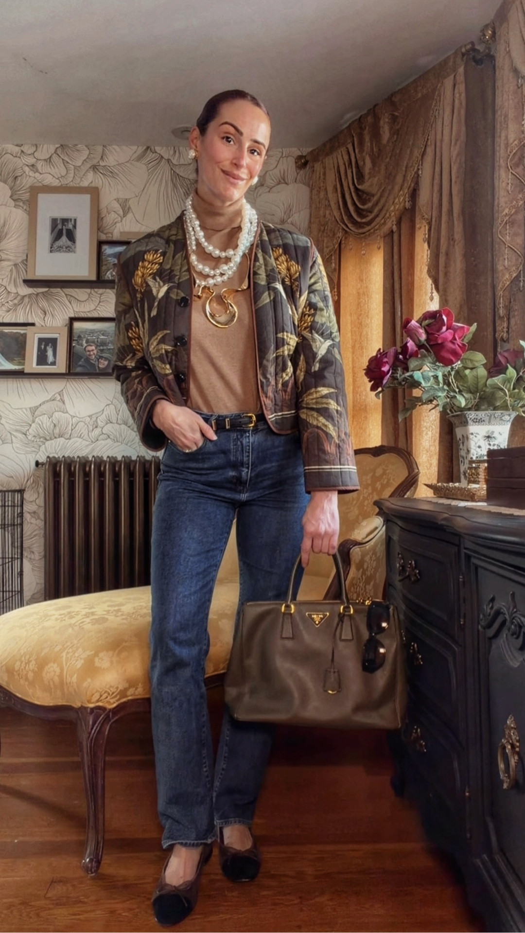 Affordable statement pieces are doing all the heavy lifting in this look ✨ This outfit mixes classic denim and a neutral knit with a bold printed jacket and eye-catching necklace for that elevated, collected feel without overspending. I love how these two affordable statement pieces instantly transform simple wardrobe basics into a polished, sophisticated everyday outfit. Finished with timeless jeans, chic flats, pearls, and a structured handbag for a look that feels equal parts vintage-inspired and modern.

#LTKStyle #LTKFinds #LTKSpringStyle #AffordableFashion #StatementJacket #StatementNecklace #ClassicStyle #ElevatedBasics #EverydayStyle #ChicStyle #TimelessFashion #StyleOver40 #PolishedStyle #WearItWell #CapsuleWardrobe #VintageInspiredStyle #DenimOutfit #NeutralStyle #PersonalStyle #AffordableStyle