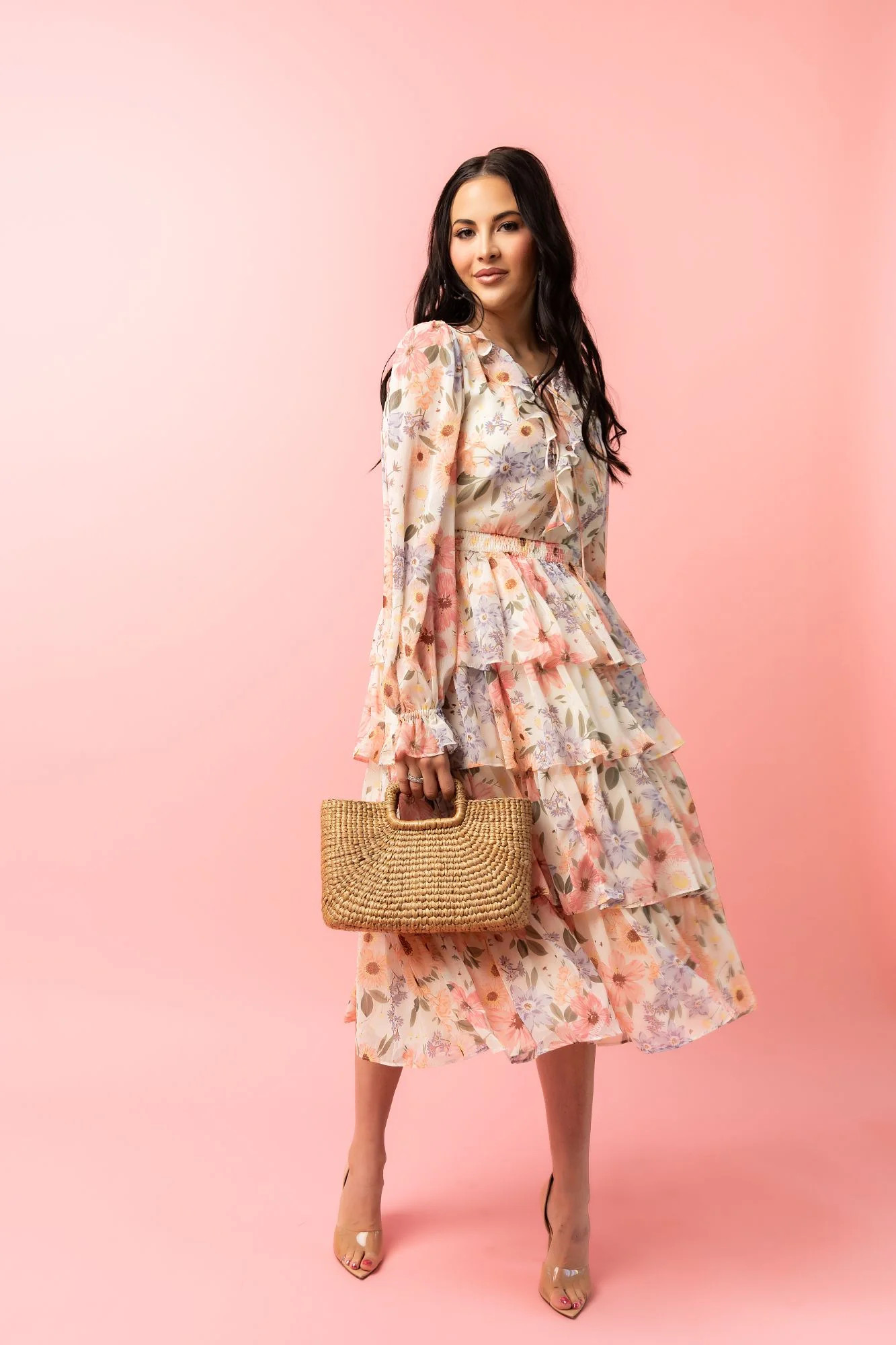 Chiffon Tiered Long Sleeve Dress - Mauve Floral | Rachel Parcell