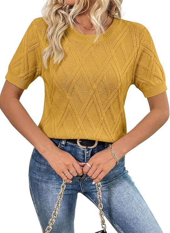 SHEWIN Womens Tops Crewneck Short Sleeve Sweater Cable Knit Business Casual Tops Fall Outfits for... | Amazon (US)