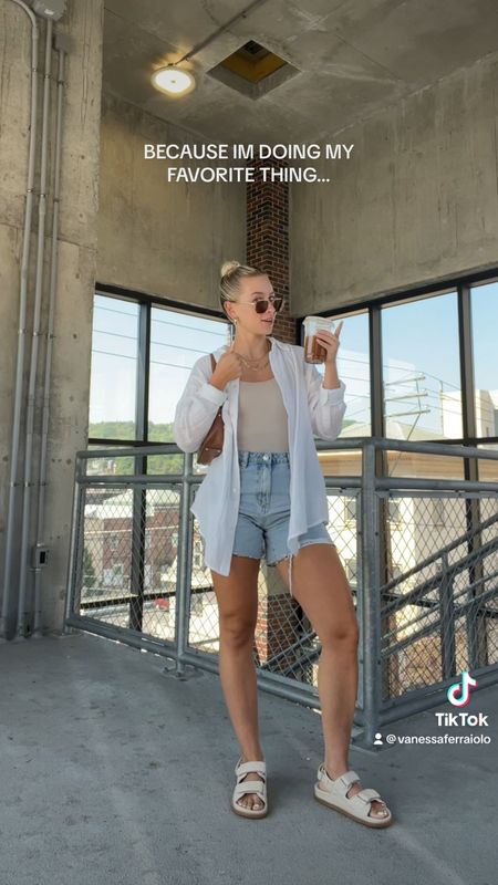 Summer outfits, summer fashion, summer style, casual summer outfits, oversized shirt, jean shorts, denim shorts, bodysuit, seamless bodysuit, dad sandals, quilted dad sandals, summer sandals
