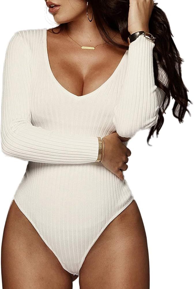 Womens Sexy V Neck Bodysuit Basic Ribbed Long Sleeve Jumpsuits Tops For Women Fall Tops | Amazon (US)