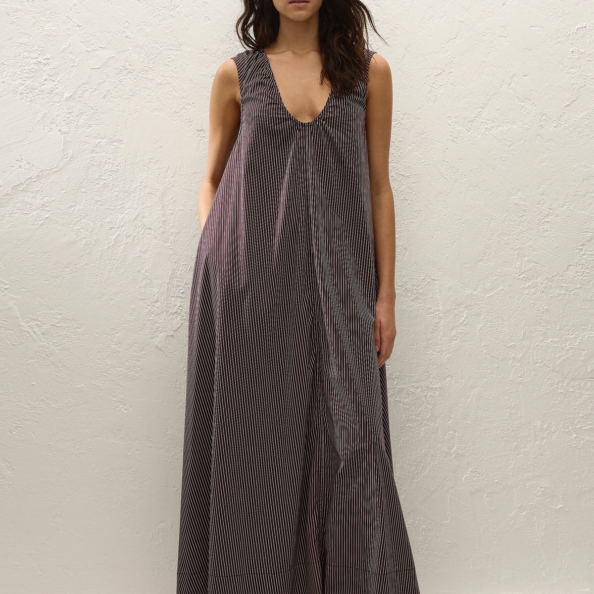 Pedrera Maxi Dress Rocio Pinstripe Chocolate Plum | Faithfull (AU)