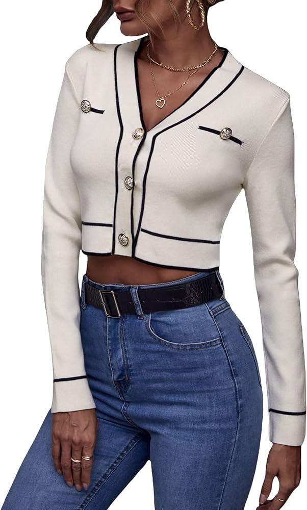 Verdusa Women's Contrast Binding Button Front V Neck Long Sleeve Crop Cardigan | Amazon (US)