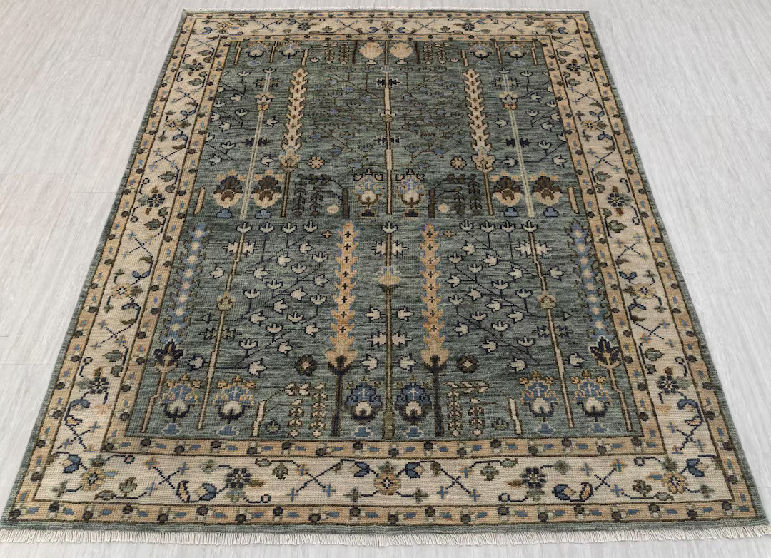 Persian Tree of Life Green Ivory Hand Knotted Soft Wool Turkish Oushak Rug CUSTOMIZE in Any Size ... | Etsy (US)