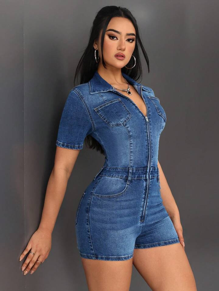 SHEIN ICON Shirt Collar Tight-Fitting Denim Romper | SHEIN