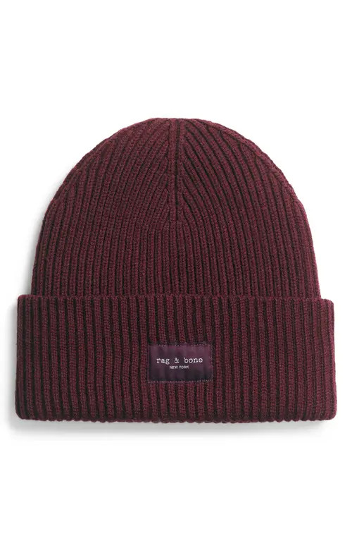 rag & bone Blake Logo Patch Wool Blend Rib Beanie in Burgundy at Nordstrom | Nordstrom