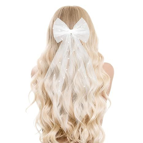 Bridal Pearl Hair Bow Veil Bridesmaid Large Hair Bow Wedding Veil with Barrette Bachelorette Part... | Amazon (US)