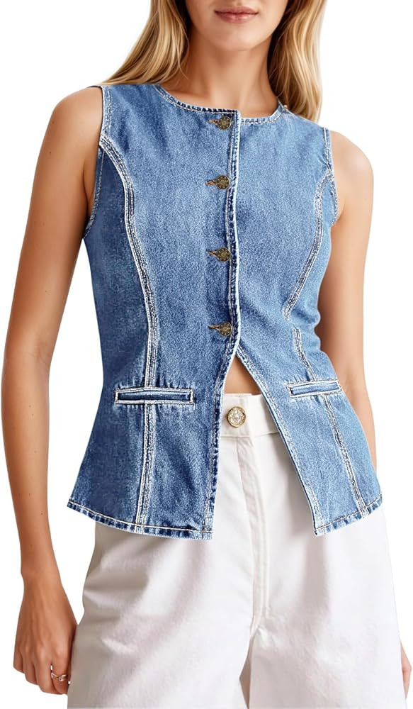 Tankaneo Womens Button Down Denim Vest Trendy Fitted Sleeveless Jean Tank Tops Crew Neck Waistcoa... | Amazon (US)
