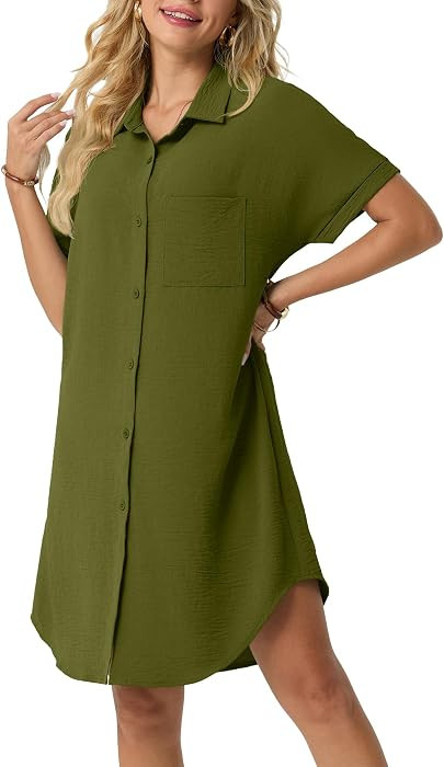 Women\u2019s Button Down Shirt Dress Casual Loose Short Sleeve Collared Tunic with Pocket Lightwe... | Amazon (US)