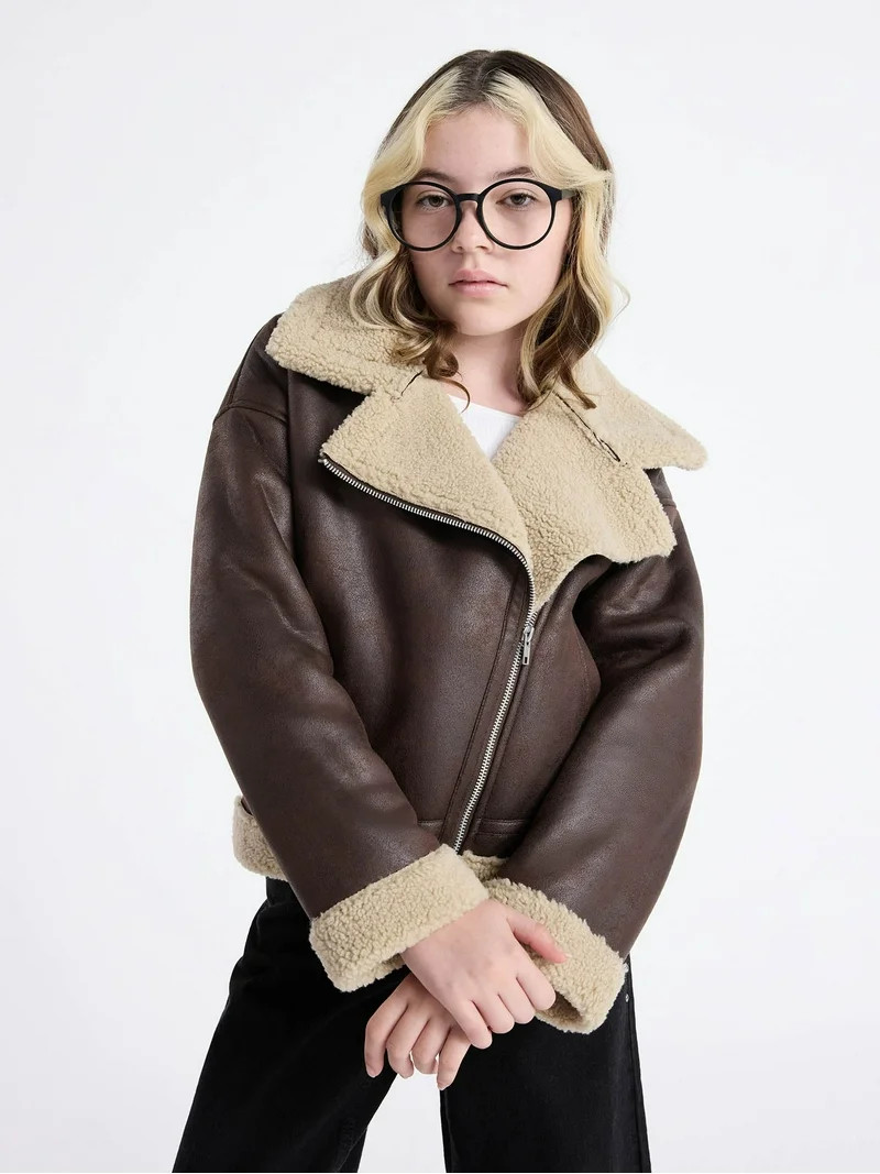 Weekend Academy Girls Faux Leather Biker Jacket with Faux Shearling Trim, Sizes 4-18 | Walmart (US)