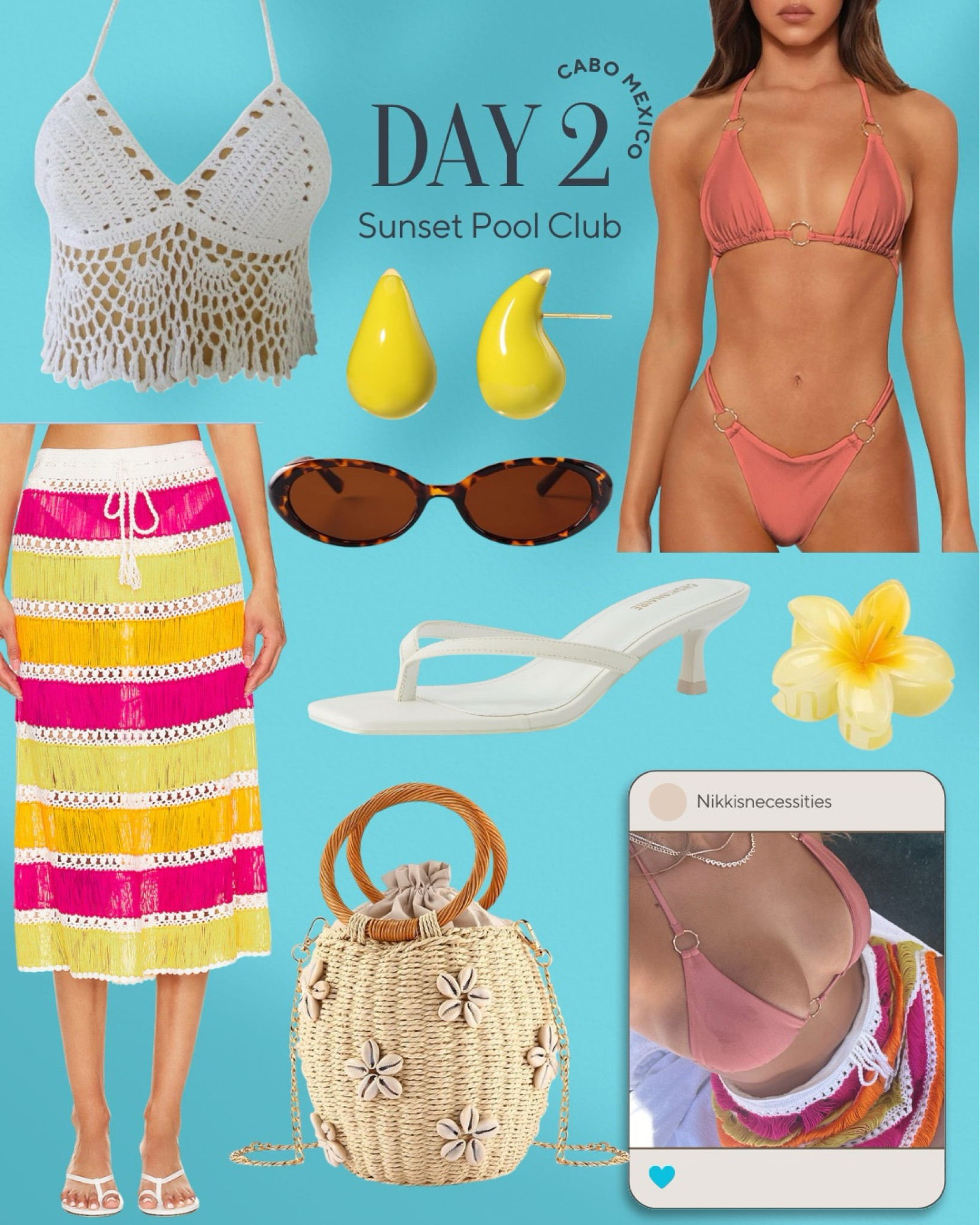 Amazon finds 
Vacation inspo 
Cabo San Lucas 
Mexico inspo 
Outfit of the day 
Beach club outfit 
Amazon bikini 
Amazon sunglasses 
Raffia bag 
Shell purse 
Crochet top 
Crochet skirt 
Revolve finds 
Revolve sale 
My beachy side 

#LTKFindsUnder100 #LTKTravel #LTKSaleAlert