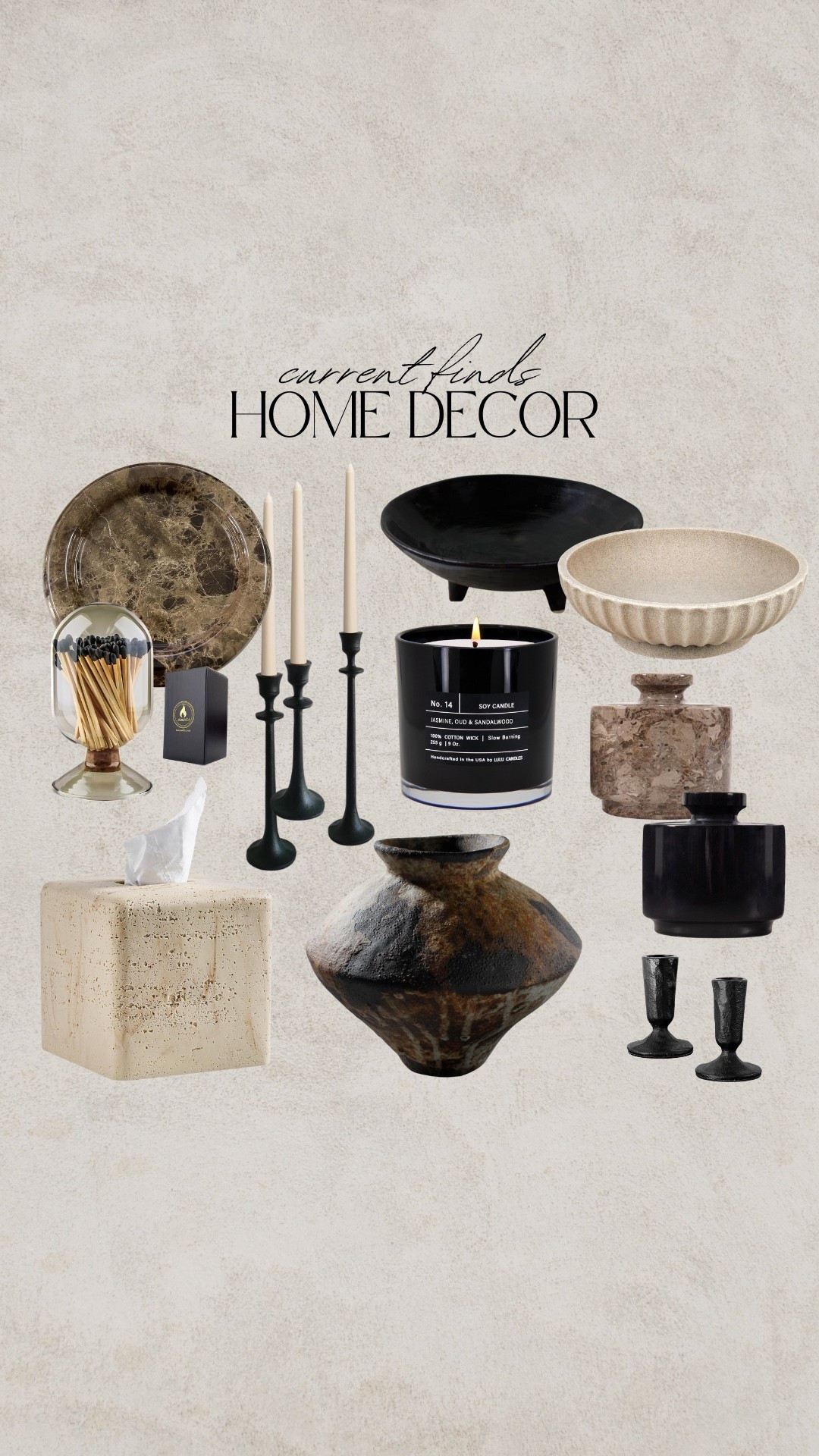 Amazon home decor, home decor finds, modern organic home decor, scalloped bowl, black tray, candle, salt and pepper holders, salt and pepper cellars, candle holders, tapered candles, tapered candle holders, brown vase, black candle holders, marble dish, marble tray, jewelry holder, match cloche, match holder, travertine bowl, travertine tissue box, tissue holder, stone tissue holder

#LTKSaleAlert #LTKHome #LTKFindsUnder50