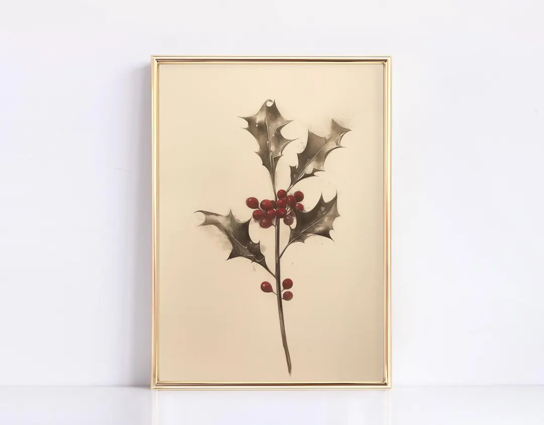 Holly Berry Stem Christmas Digital Print Neutral Vintage Holiday Season Christian Vintage Art fin... | Etsy (US)