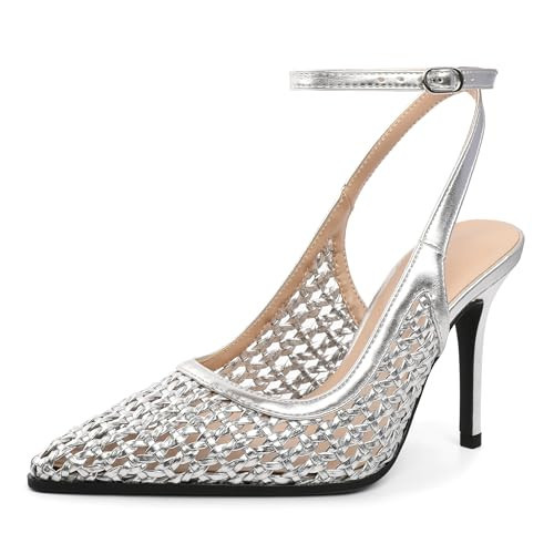Soireelady Womens Silver Heels Ankle Strap Slingback Heels Pointed Toe Stilettos Beaded High Heel Pumps 3.5 Inches Woven Silver US Size 7.5 | Amazon (US)