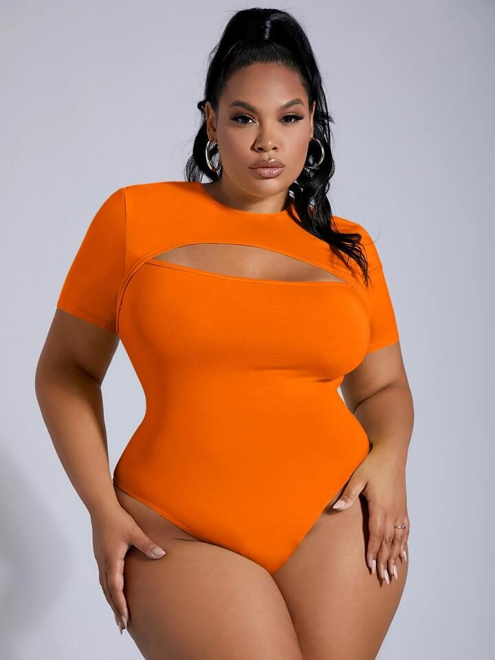 SHEIN SXY Plus Neon Orange Cut Out Bodysuit | SHEIN