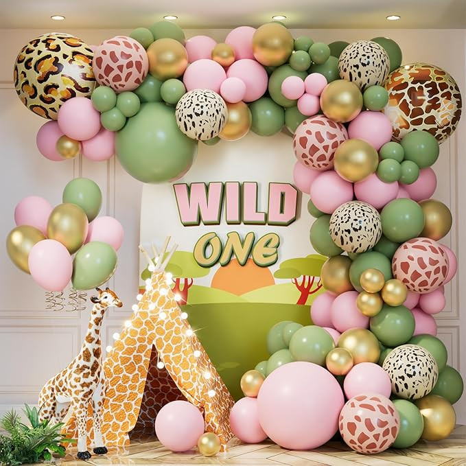 Safari Jungle Balloon Garland Arch Kit Animal Printed Sage Green Pink Gold Balloons Wild One Jung... | Amazon (US)