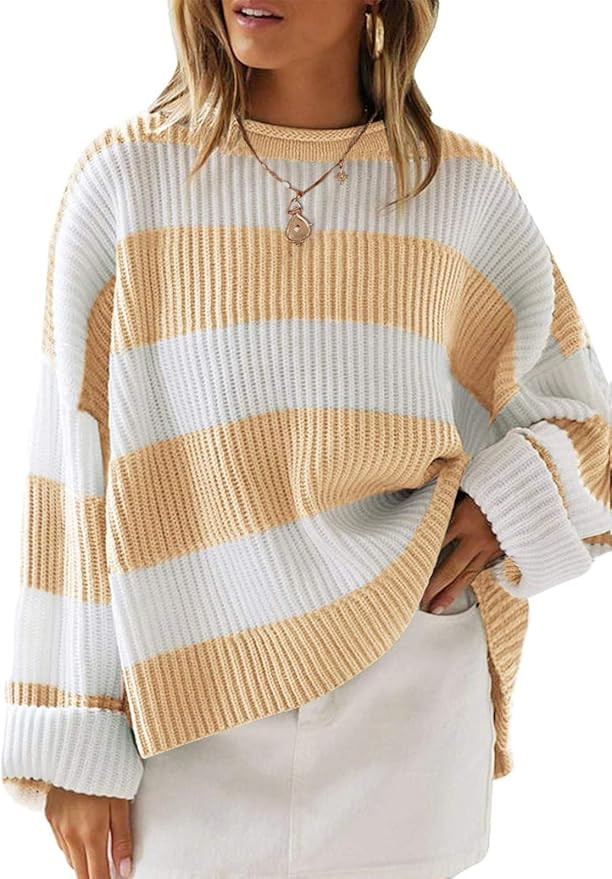 ZESICA Women's 2024 Fall Long Sleeve Crew Neck Striped Color Block Comfy Loose Oversized Knitted ... | Amazon (US)
