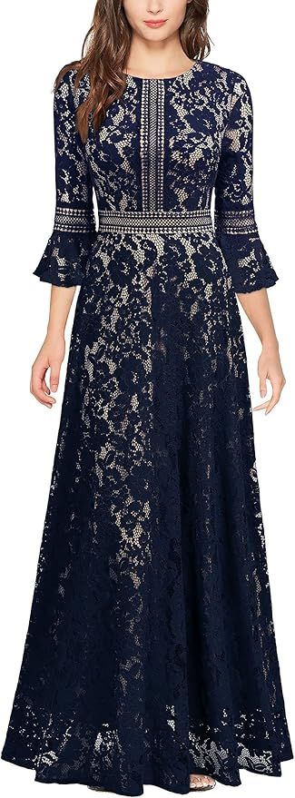 MISSMAY Women's Vintage Full Lace Contrast Bell Sleeve Formal Long Dress | Amazon (US)