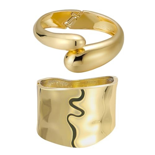 Emibele Gold Wide Bangle Cuff Bracelet Stack, Chunky 18K Gold Plated Teardrop Hinged Thick Bangle Bracelet Set, Non Tarnish Gold Bracelets for Women, 2 Pack | Amazon (US)
