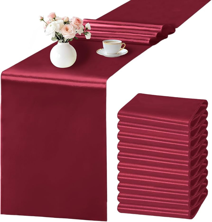 10 Pack Wine Red Satin Table Runner 12x108 Inches Long, Bright Silky Smooth Satin Table Runner Ta... | Amazon (US)