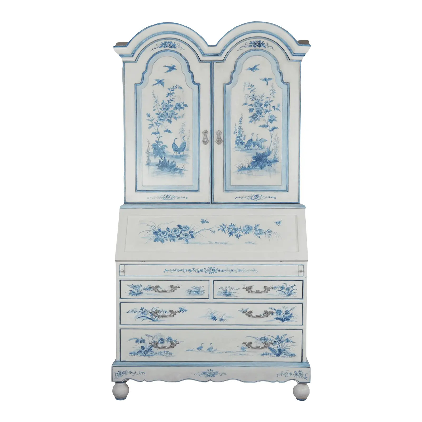 Vintage Chinoiseries White Hand-Painted Blue and White Secretary Cabinet | Chairish