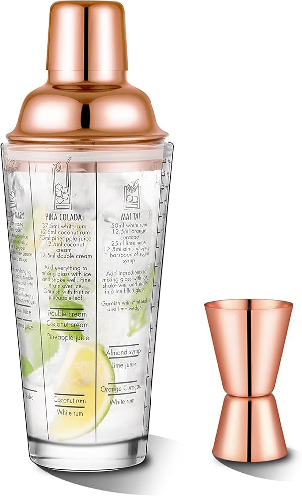 Glass Cocktail Shaker Printed with Recipes,14 oz Martini Shaker with Double Measuring Jigger,18/8... | Amazon (US)