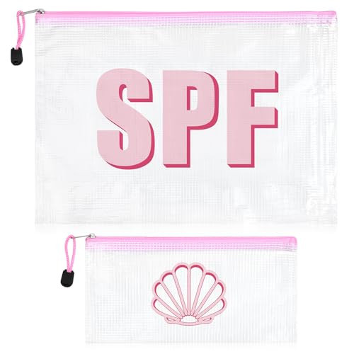 SOIDRAM 2PCS SPF Makeup Bag Clear Zippered SPF Bag Cosmetic Pouch Waterproof Travel Toiletry Organizer for Women Varsity Letter Patch Beach Pool Essentials | Amazon (US)