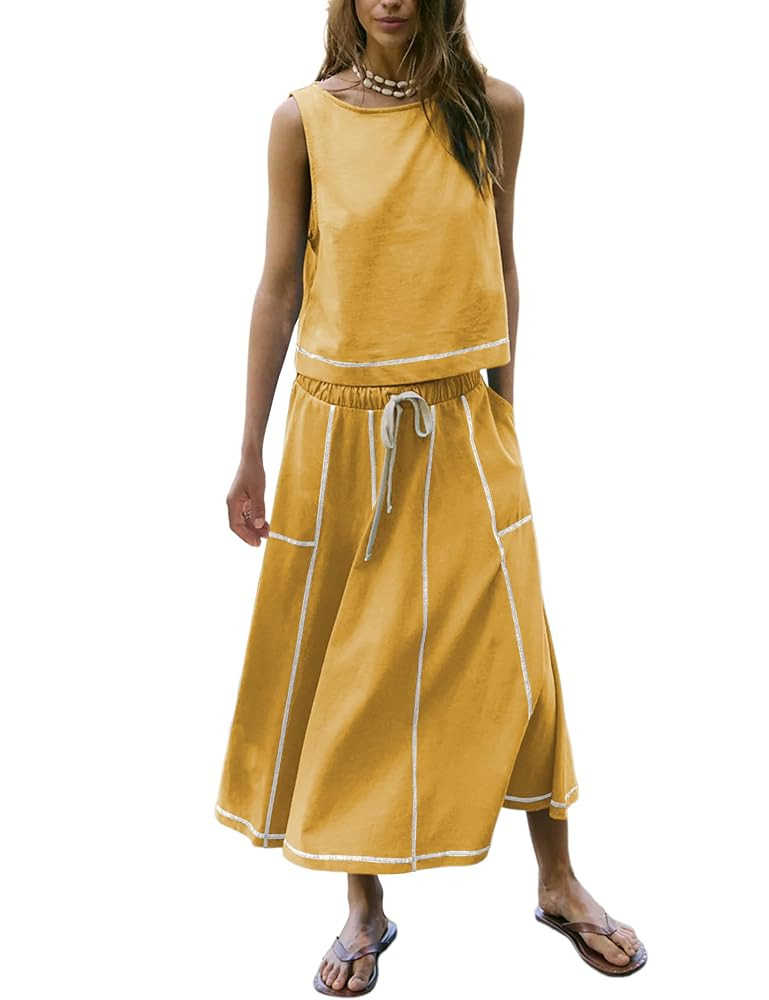 Women’s 2 Piece Cotton Skirt Set Sleeveless Draped Tank Top Drawstring Midi Skirt Y2K Lounge Ou... | Amazon (US)