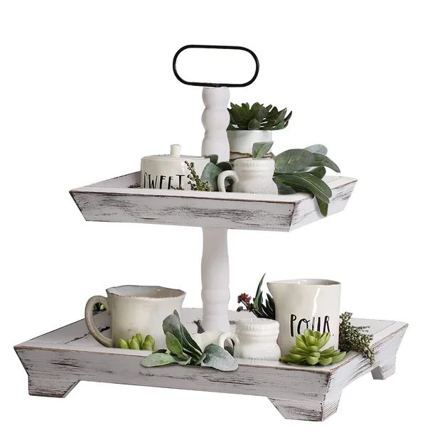 HAPOO 2 Tiered Tray Stand - Two Tier Tray Wood Farmhouse, White, Vintage Decor. Table Kitchen Tra... | Walmart (US)