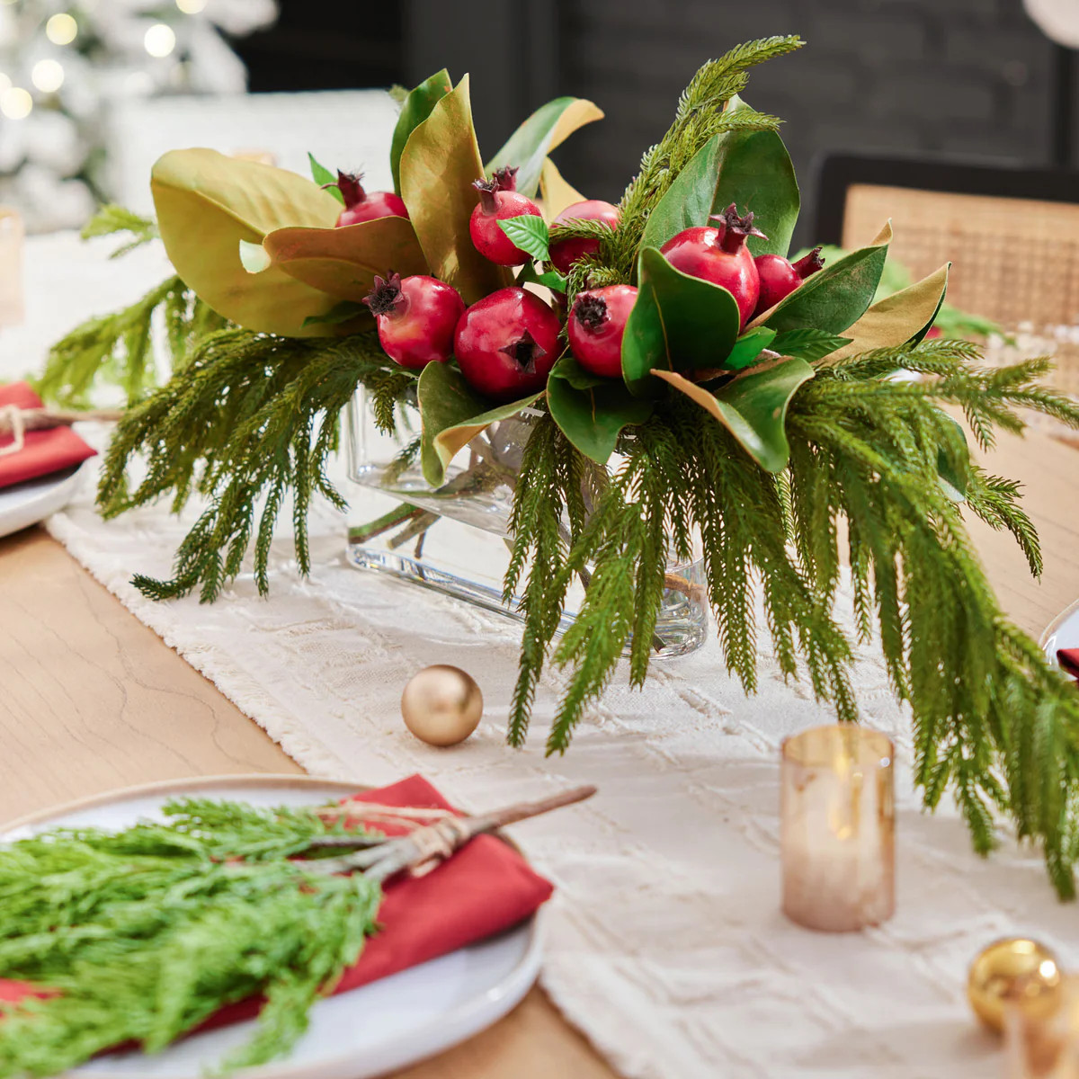 Lifelike Red Pomegranate, Real Touch Magnolia Leaves, & Norfolk Pine Holiday Arrangement in Oval ... | Darby Creek Trading